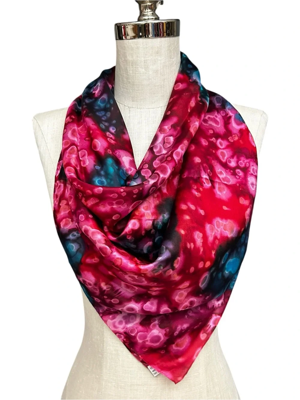 Pure Silk Abstract Pink Blue Scarf Square Magenta and Purple Watercolor Dots